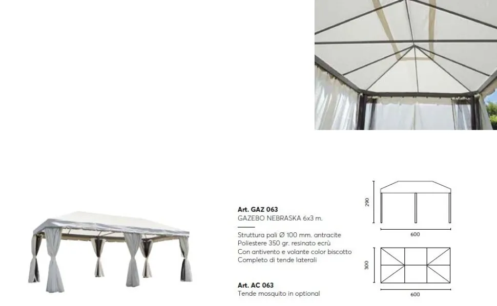 Gazebo Rettangolare Maxi 6x3 m pali Ø 100 mm Telo 350 gr. con Tende Laterali