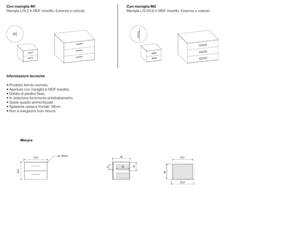 Gruppo notte moderno con maniglia in MDF rivestito Rea disponibile in vari colori