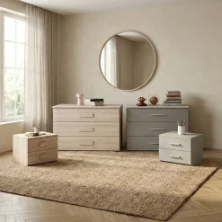 Gruppo notte moderno con maniglia in MDF rivestito Rea disponibile in vari colori