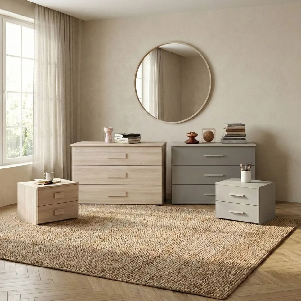 Gruppo notte moderno con maniglia in MDF rivestito Rea disponibile in vari colori
