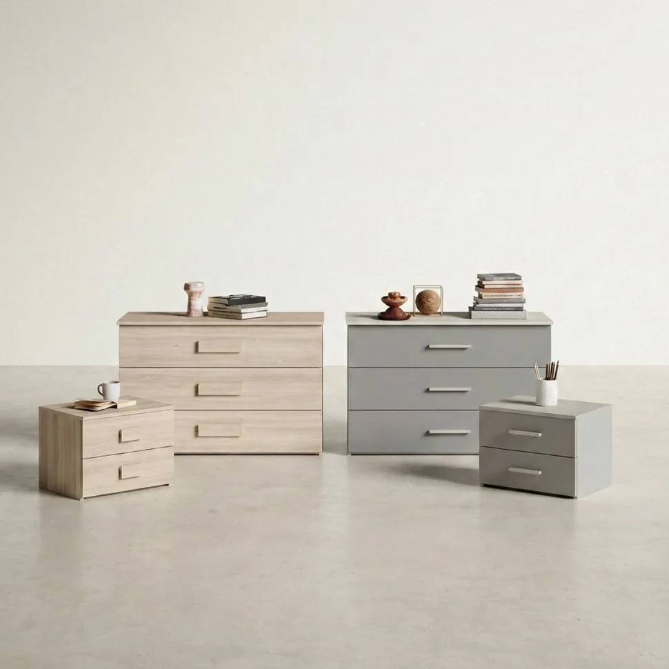 Gruppo notte moderno con maniglia in MDF rivestito Rea disponibile in vari colori