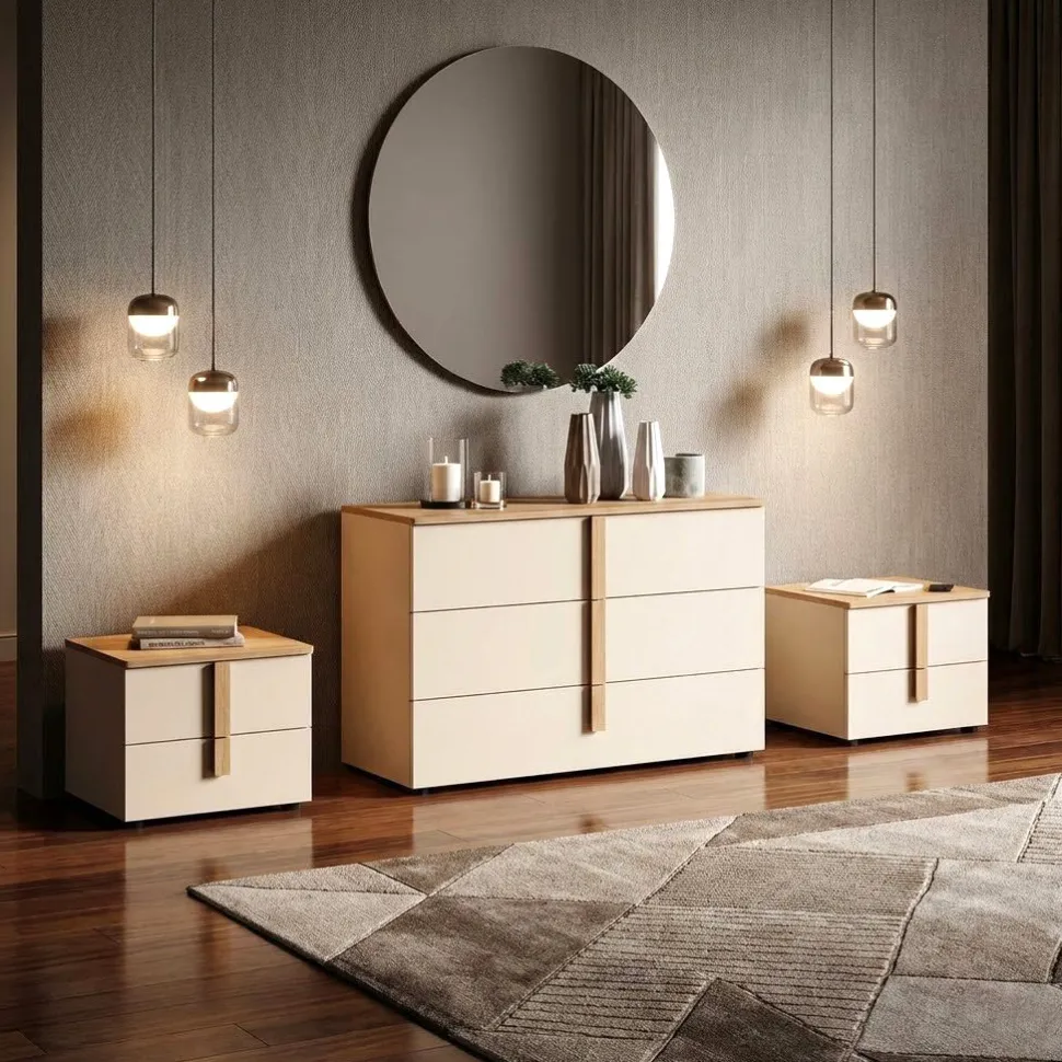 Gruppo notte moderno con maniglia in MDF rivestito Vertigo disponibile in vari colori