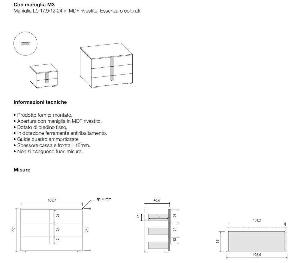 Gruppo notte moderno con maniglia in MDF rivestito Vertigo disponibile in vari colori