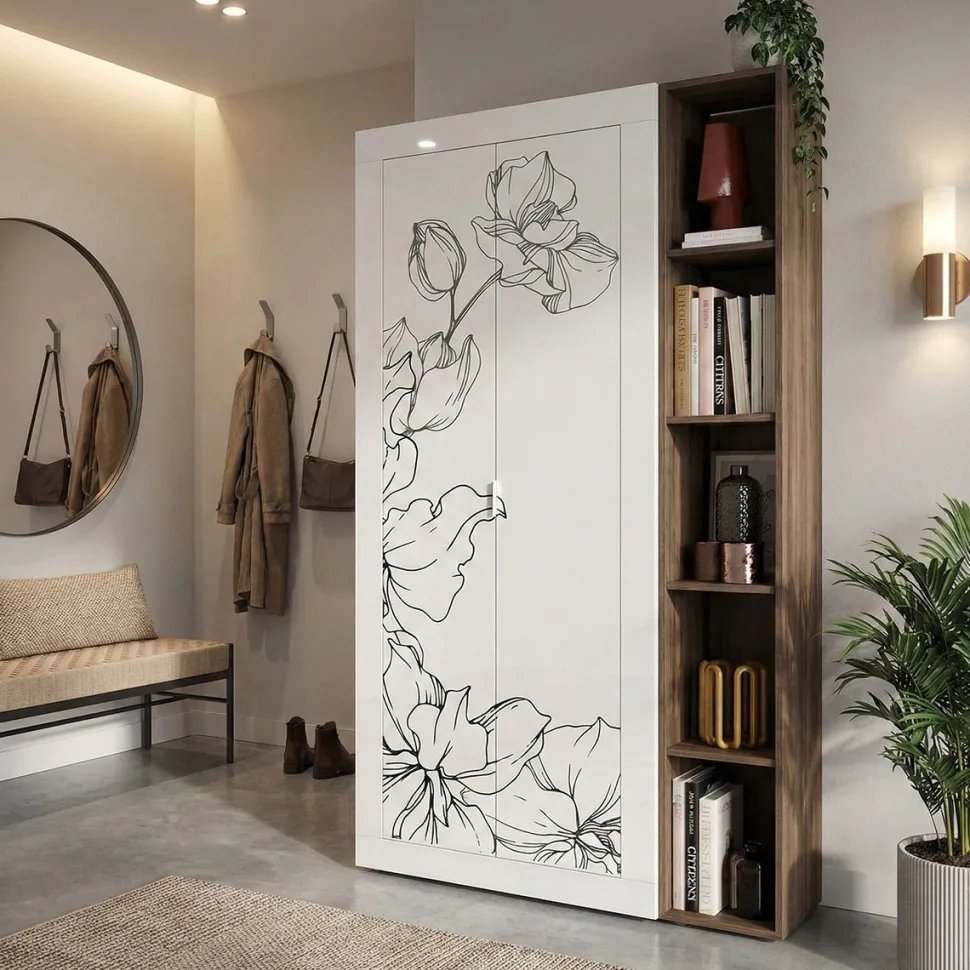 Guardaroba con libreria linea Basic in finitura Bianco Lucido con grafica floreale