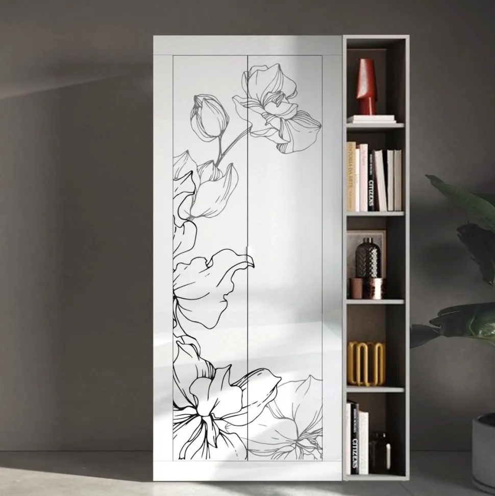 Guardaroba con libreria linea Basic in finitura Bianco Lucido con grafica floreale
