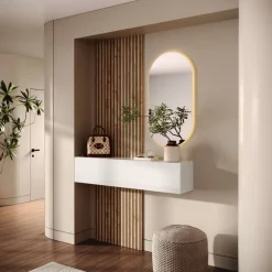 Ingresso moderno con Boiserie e specchio Ovale retroilluminato in finitura Bianco lucido e Cadiz