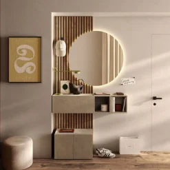 Ingresso moderno con Boiserie e specchio tondo retroilluminato in finitura Argilla e Cadiz