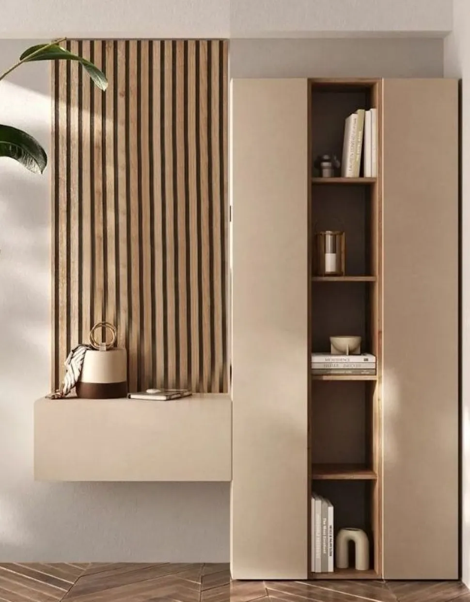 Ingresso moderno sospeso con Armadio stretto e libreria in finitura Cashmere e Cadiz