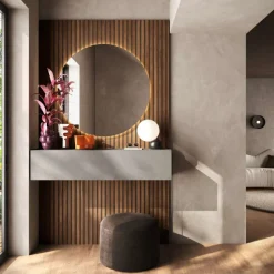 Ingresso moderno sospeso con Boiserie cannettata e specchio tondo retroilluminato in Mercure e Ardesia