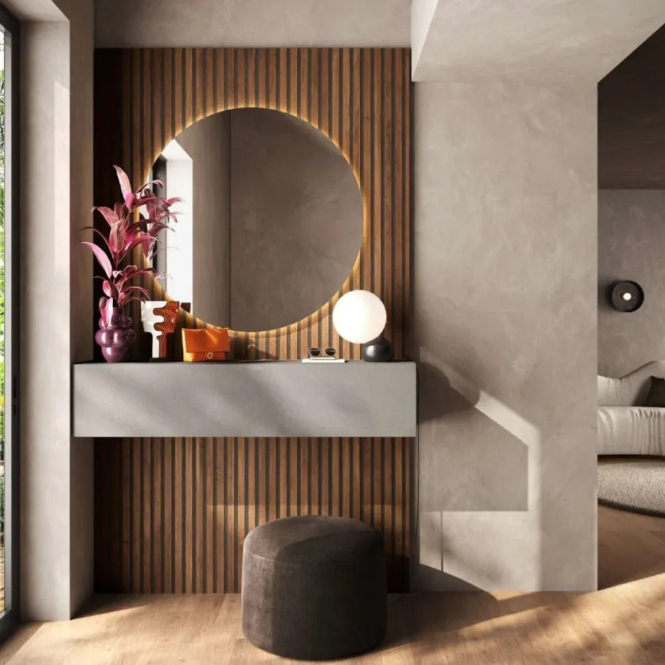 Ingresso moderno sospeso con Boiserie cannettata e specchio tondo retroilluminato in Mercure e Ardesia