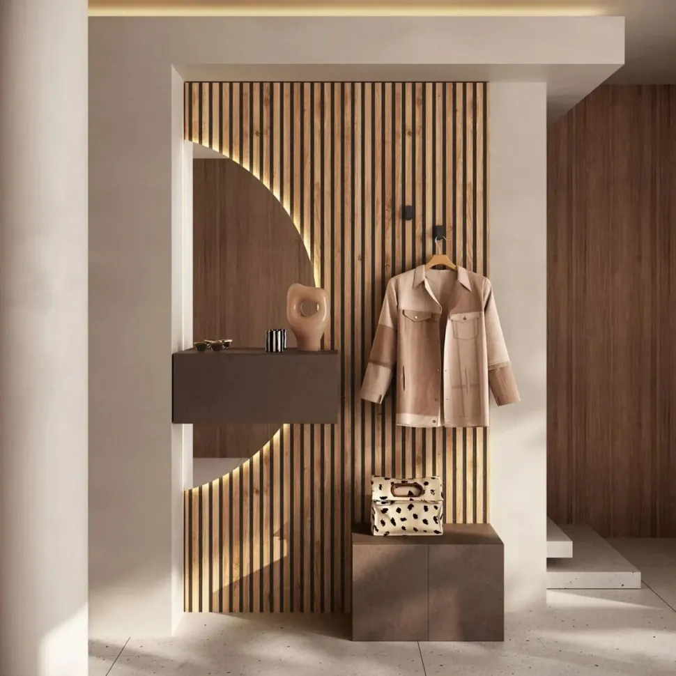 Ingresso moderno sospeso con Boiserie, specchio panca e ribalta in finitura Bronzo e Cadiz cannettato