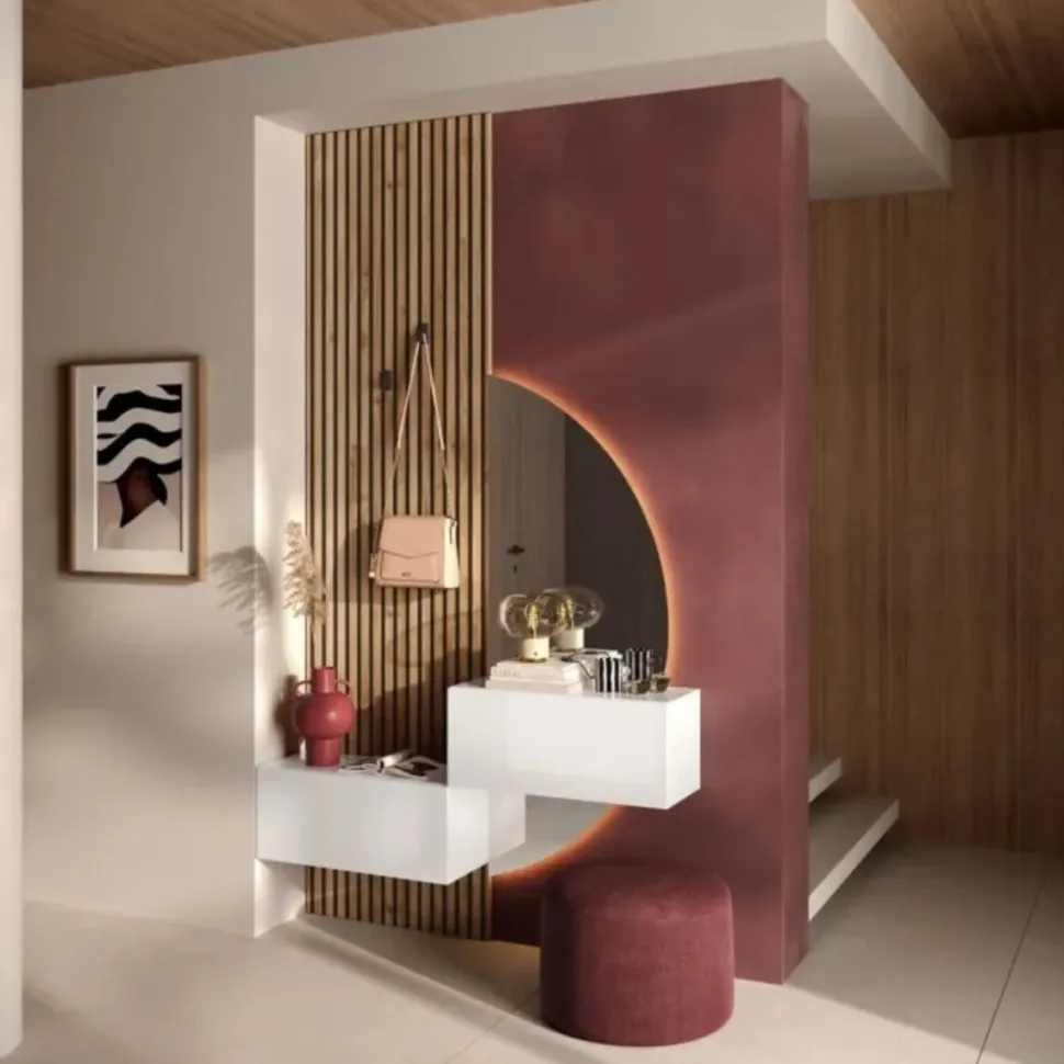Ingresso sospeso con doppio pensile, Boiserie e specchio retroilluminato in finitura Bianco Lucido