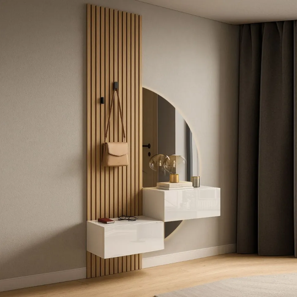 Ingresso sospeso con doppio pensile, Boiserie e specchio retroilluminato in finitura Bianco Lucido