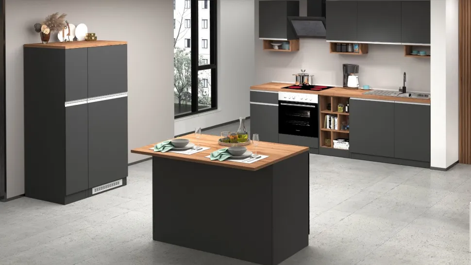 Isola centrale da cucina 2 ante in finitura Antracite Opaco e Rovere