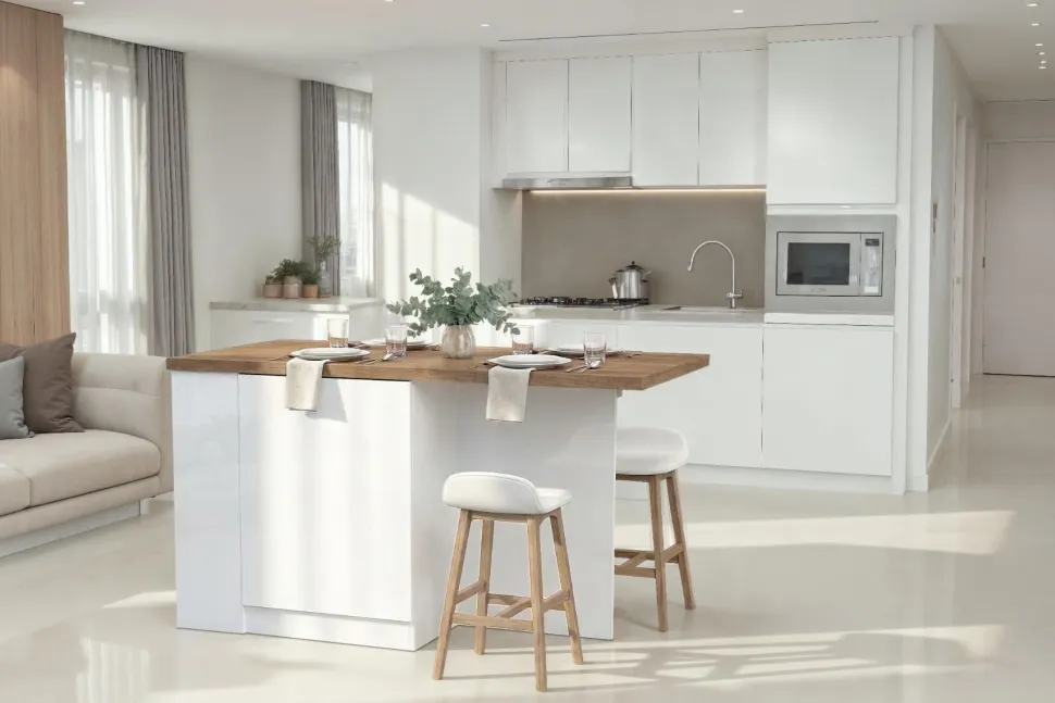 Isola da Cucina 2 ante con vani a giorno 160x80 cm in Bianco Lucido e Rovere Mercure
