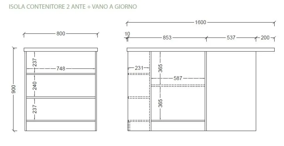 Isola da Cucina 2 ante con vani a giorno 160x80 cm in Bianco Lucido e Rovere Mercure