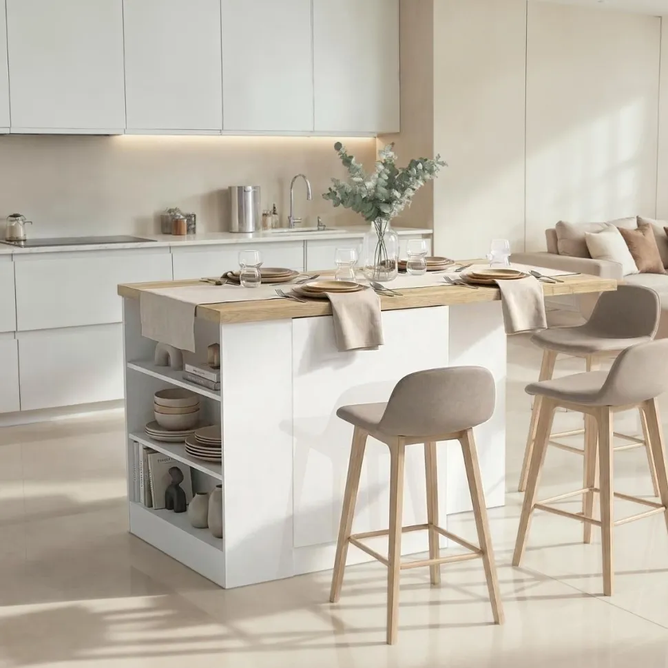 Isola da Cucina 2 ante con vani a giorno 160x80 cm in Bianco Lucido e Rovere Cadiz