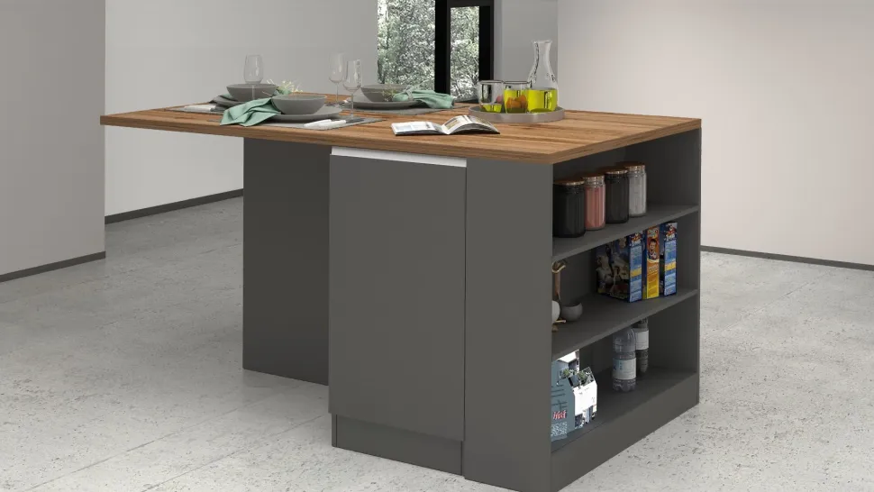 Isola da cucina 2 ante e vani a giorno in finitura Antracite Opaco e Rovere