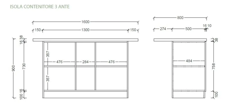 Isola da Cucina 3 ante 160x80 cm in Bianco Lucido e Rovere Mercure