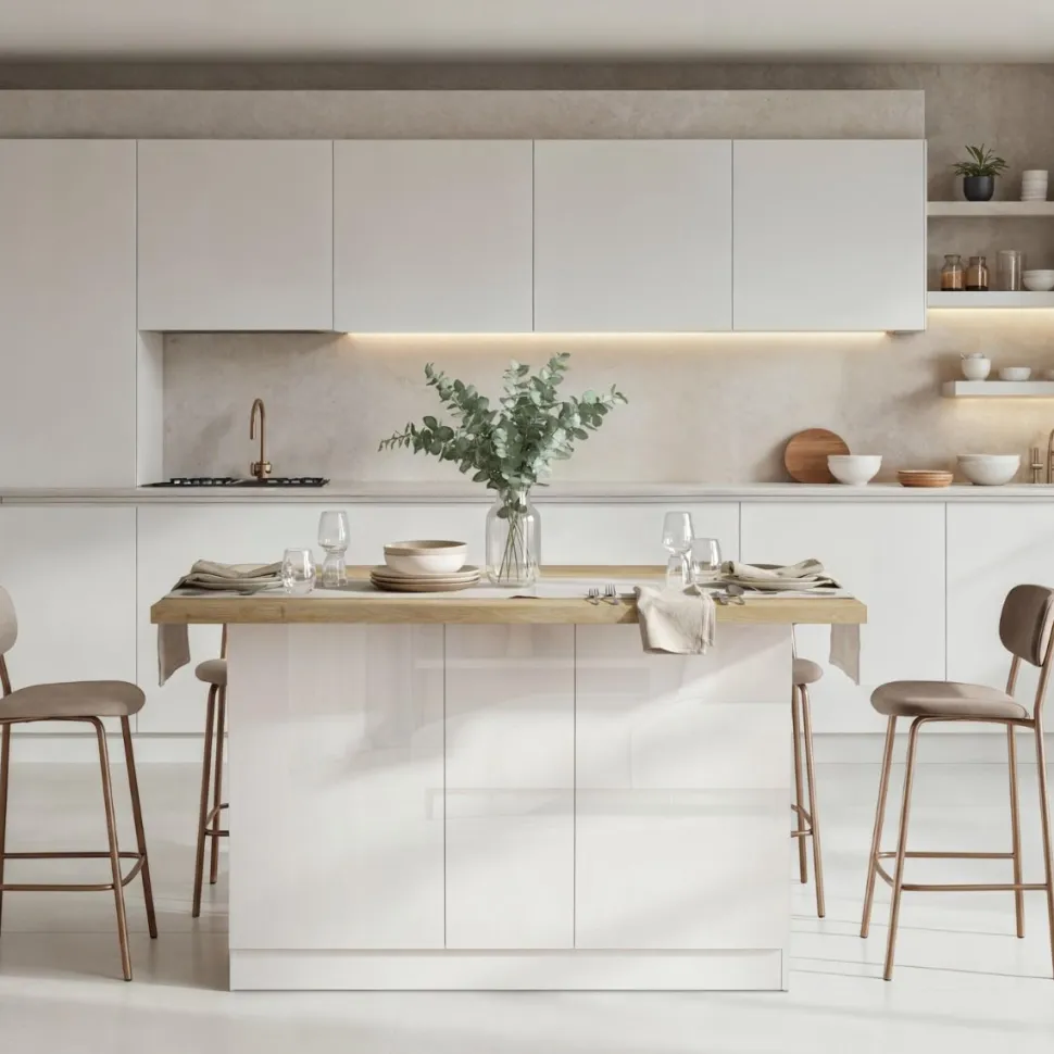 Isola da Cucina 3 ante 160x80 cm in Bianco Lucido e Rovere Cadiz
