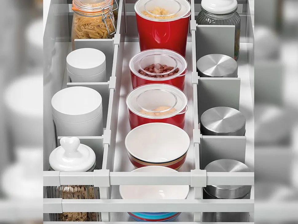 Kit cassetto per cucina Vantage-Q, altezza 204 mm, prof. 350 mm, con astine, chiusura soft, Acciaio, Bianco.