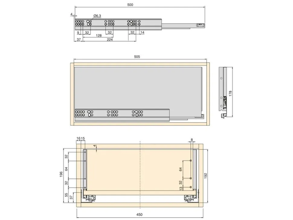 Kit di cassetti per cucina o bagno Vertex, altezza 178 mm, con pannelli inclusi, modulo 450 mm, Verniciato bianco o Antracite