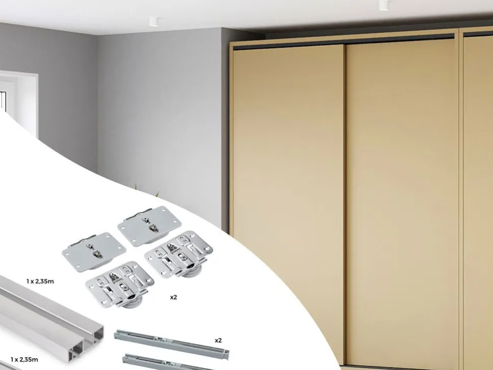 Kit di ferramenta per armadio 2 ante scorrevoli con chiusura soft Flow binari di superficie da 2,35 m