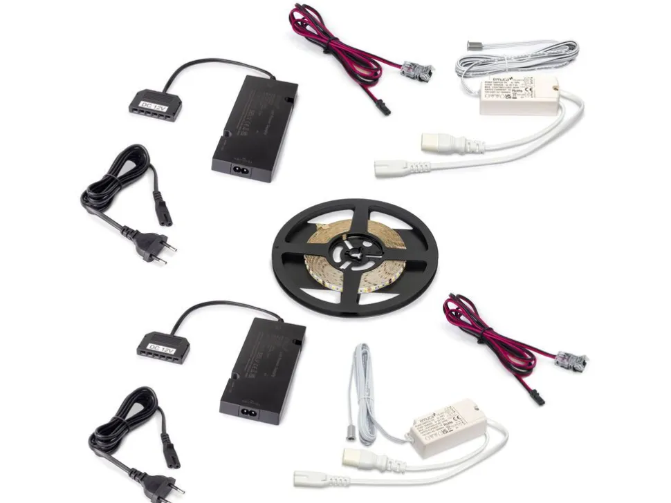 Kit di strisce LED Lynx Premium 9,6W/m IP20 lunghezza 5 m con convertitori 12V DC e cavi e sensori DOOR o SWITCH
