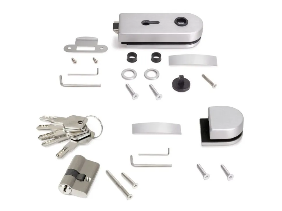 Kit serratura e riscontro per porte a doppio vetro 8-12mm con scrocco orizzontale in acciaio e alluminio
