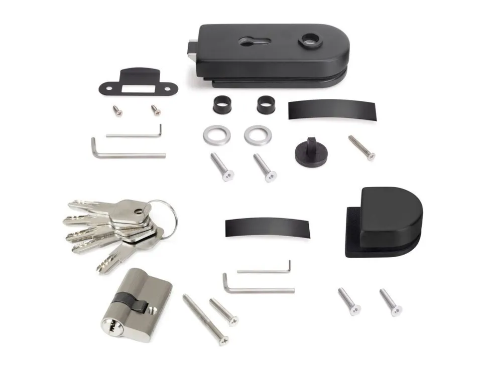 Kit serratura e riscontro per porte a doppio vetro 8-12mm con scrocco orizzontale in acciaio e alluminio