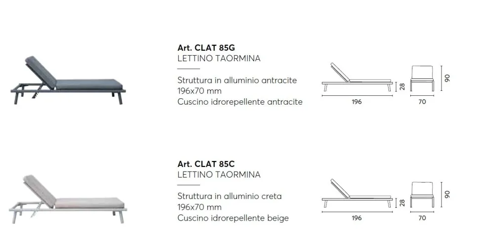 Lettino Prendisole Taormina in Alluminio con cuscino Idrorepellente in 2 colori