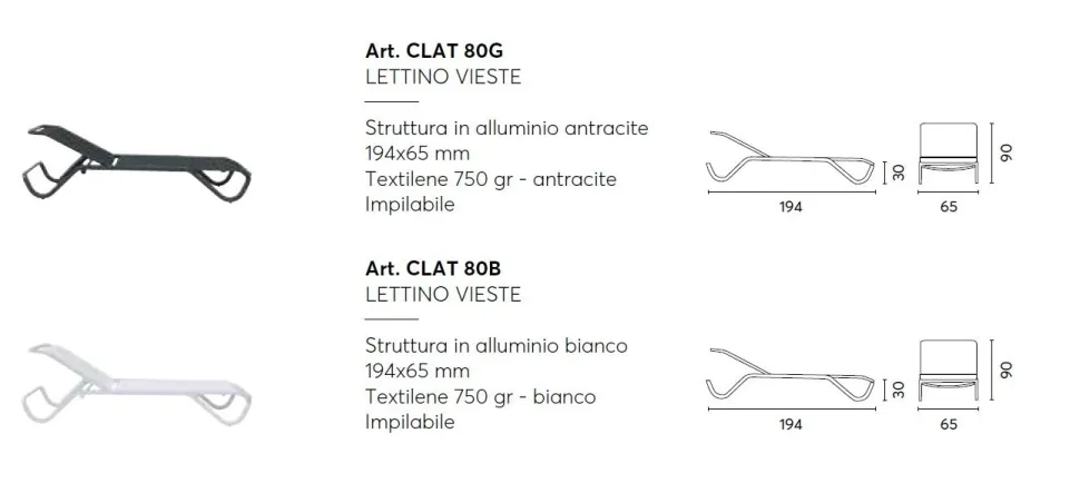 Lettino Prendisole Vieste in Alluminio e Textilene 750 gr Impilabile 2 colori