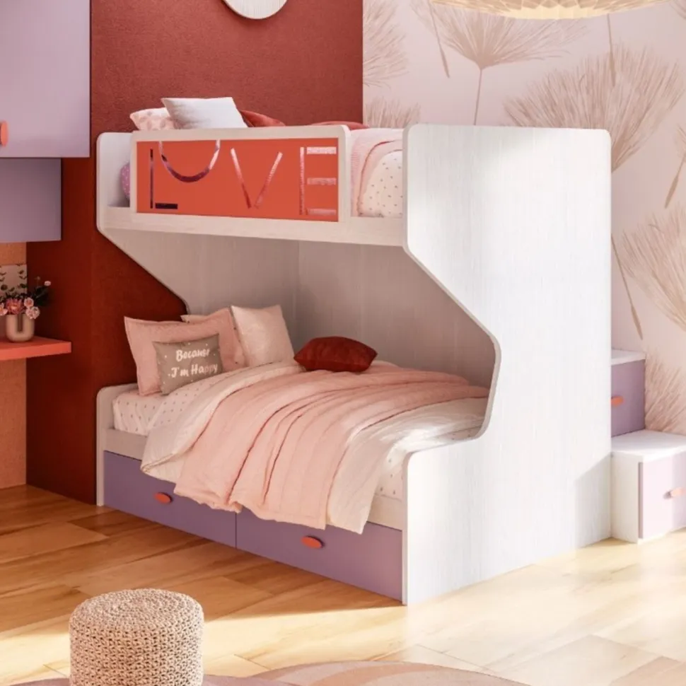 Letto a castello Clelia linea Colorfull finitura Nuvola Frassino, Coral e Quarzo