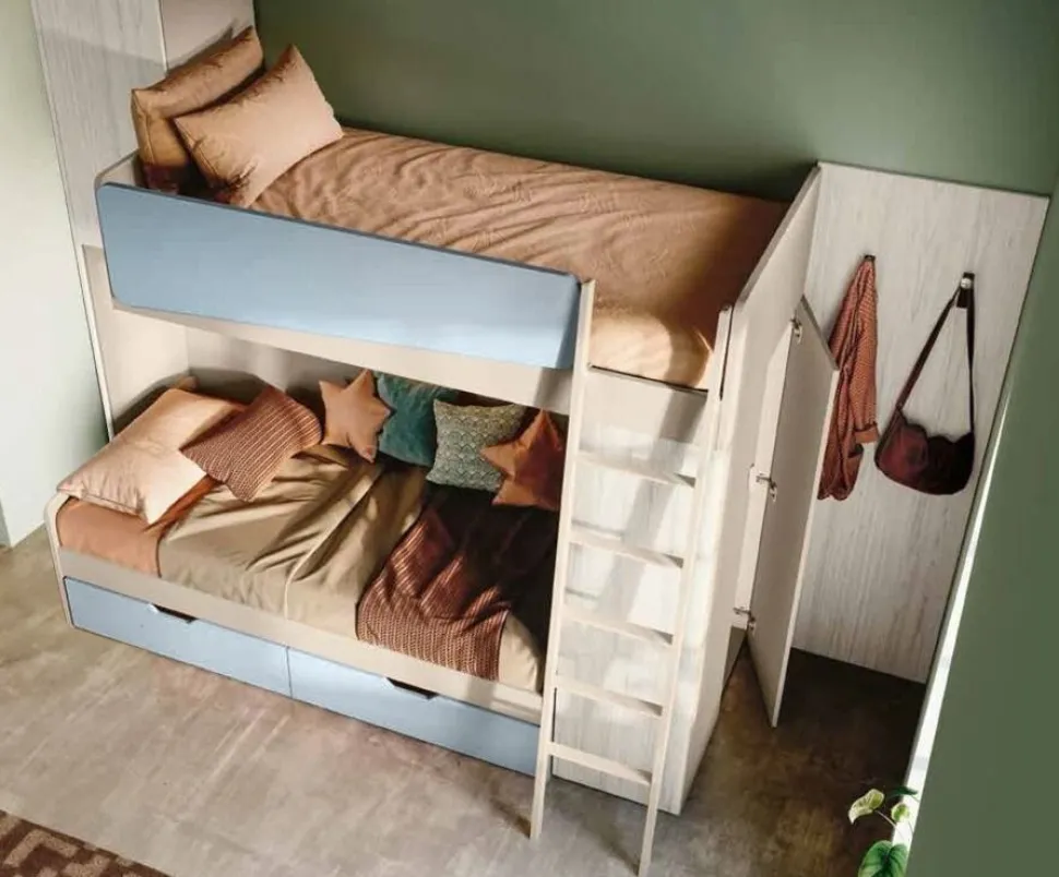 Letto a castello con armadi e cassettoni in Bianco Altea e Azzurro disponibile in 2 misure