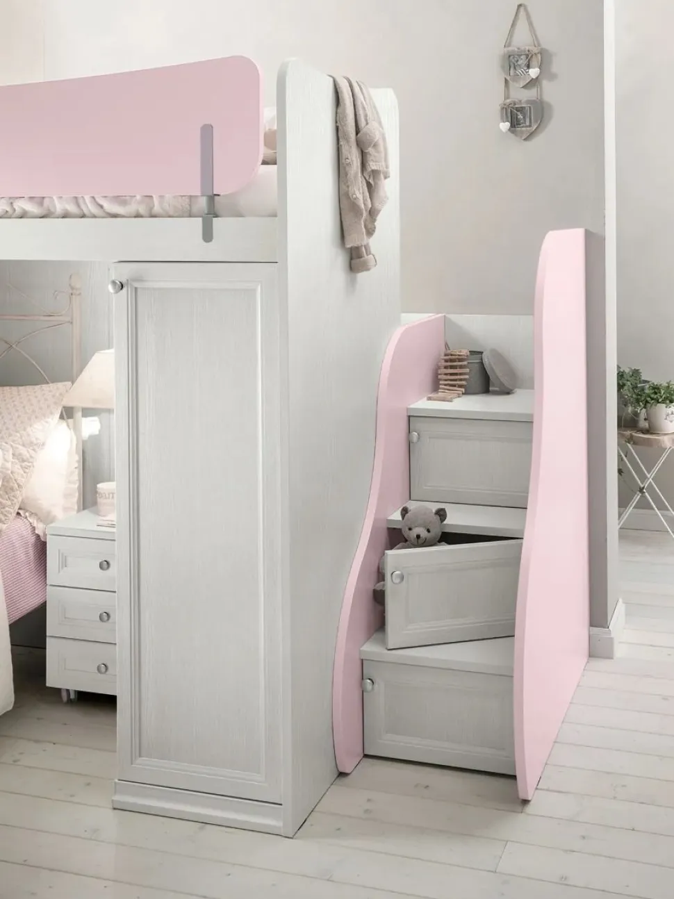 Letto a castello con scaletta contenitiva Aurora linea Omega disponibile in vari colori