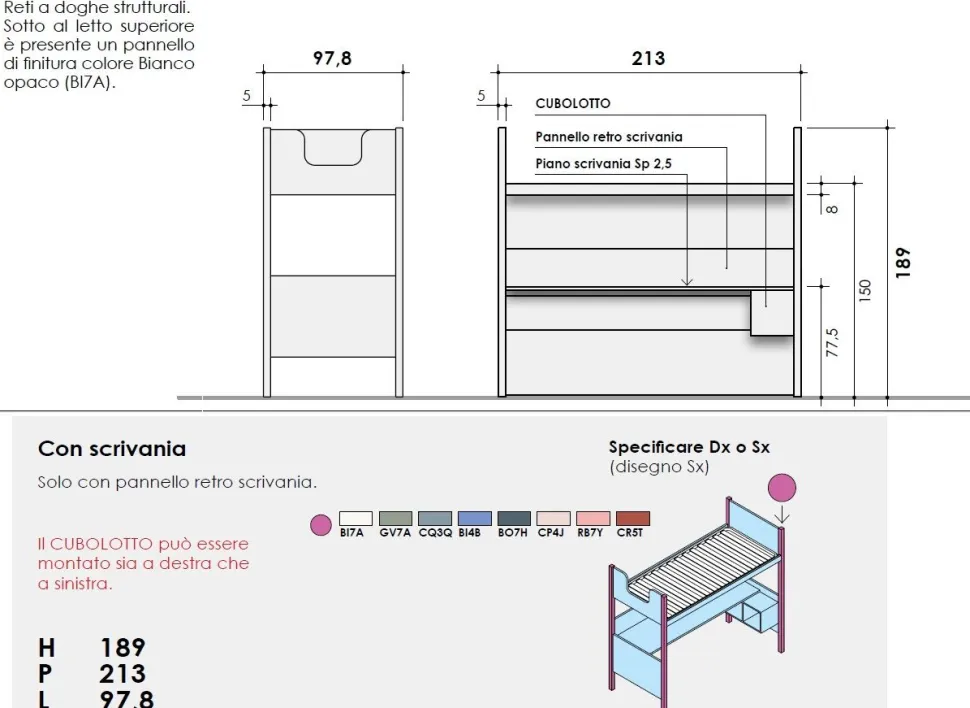 Letto a castello con scrivania linea Airone disponibile in vari colori