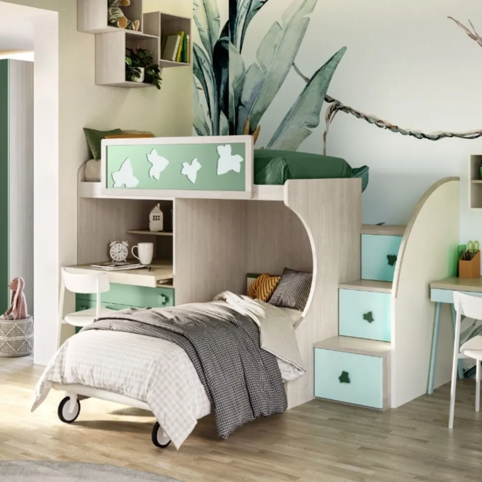 Letto a castello con scrivania estraibile linea Colorfull finitura Cenere Wood, Salvia e Lattementa