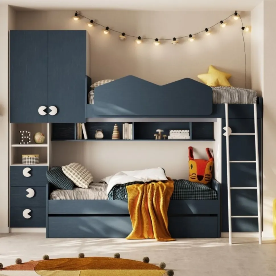 Letto a castello multifunzione con armadio integrato Blu Navy e Bianco Opaco disponibile in vari colori