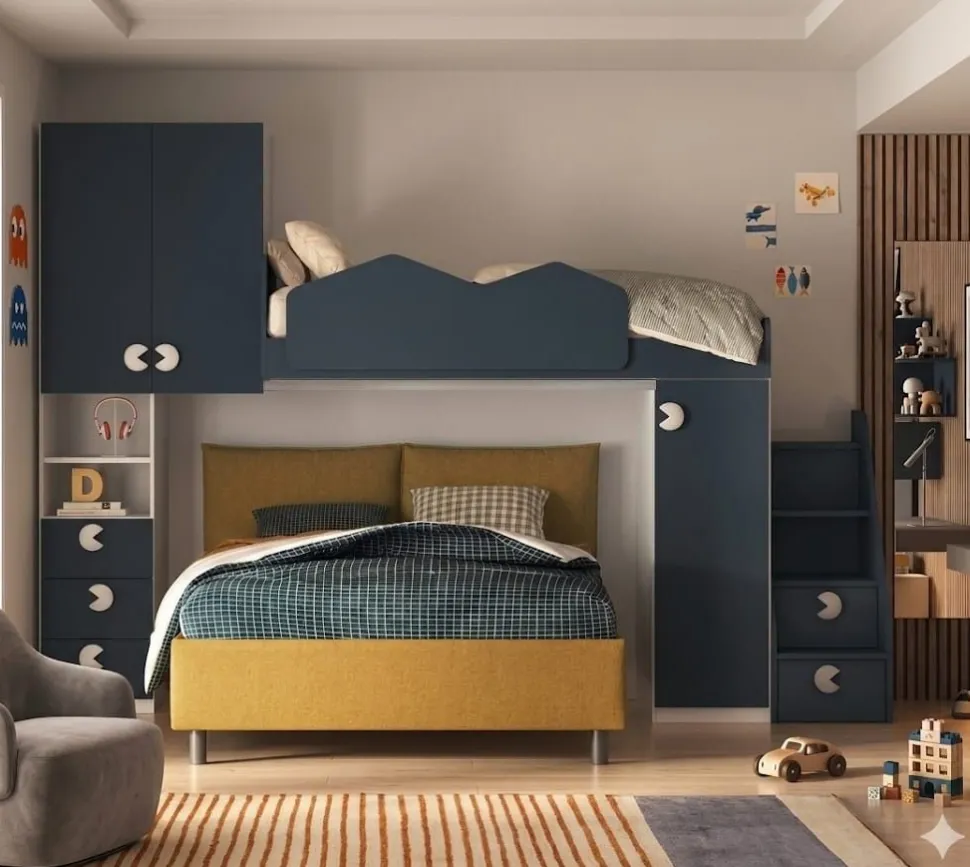 Letto a castello multifunzione con armadio integrato Blu Navy e Bianco Opaco disponibile in vari colori