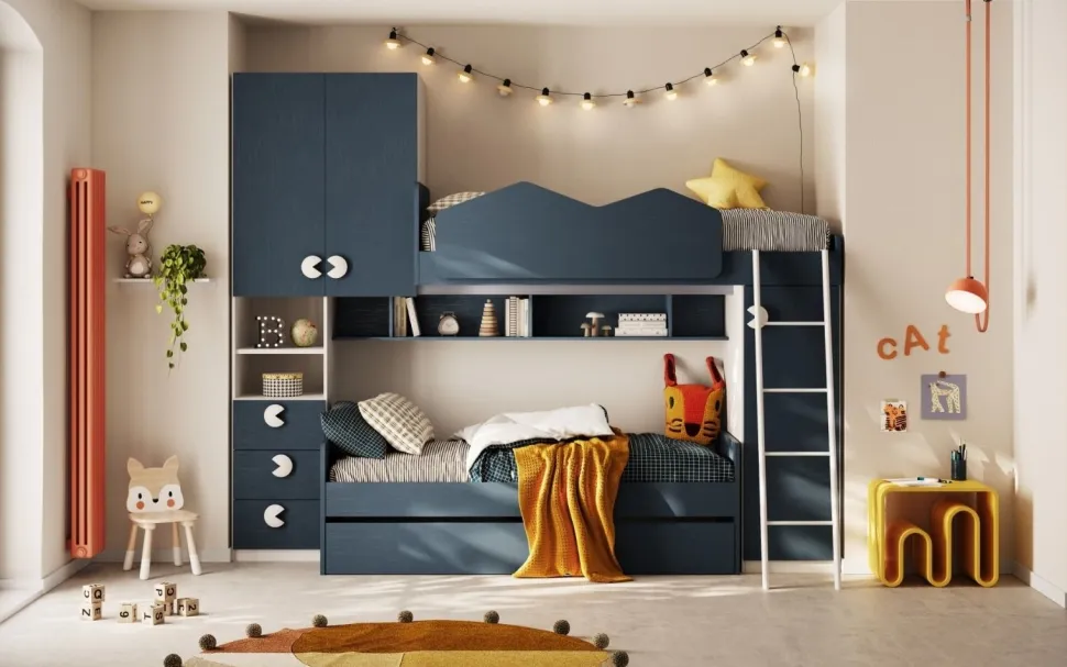 Letto a castello multifunzione con armadio integrato Blu Navy e Bianco Opaco disponibile in vari colori