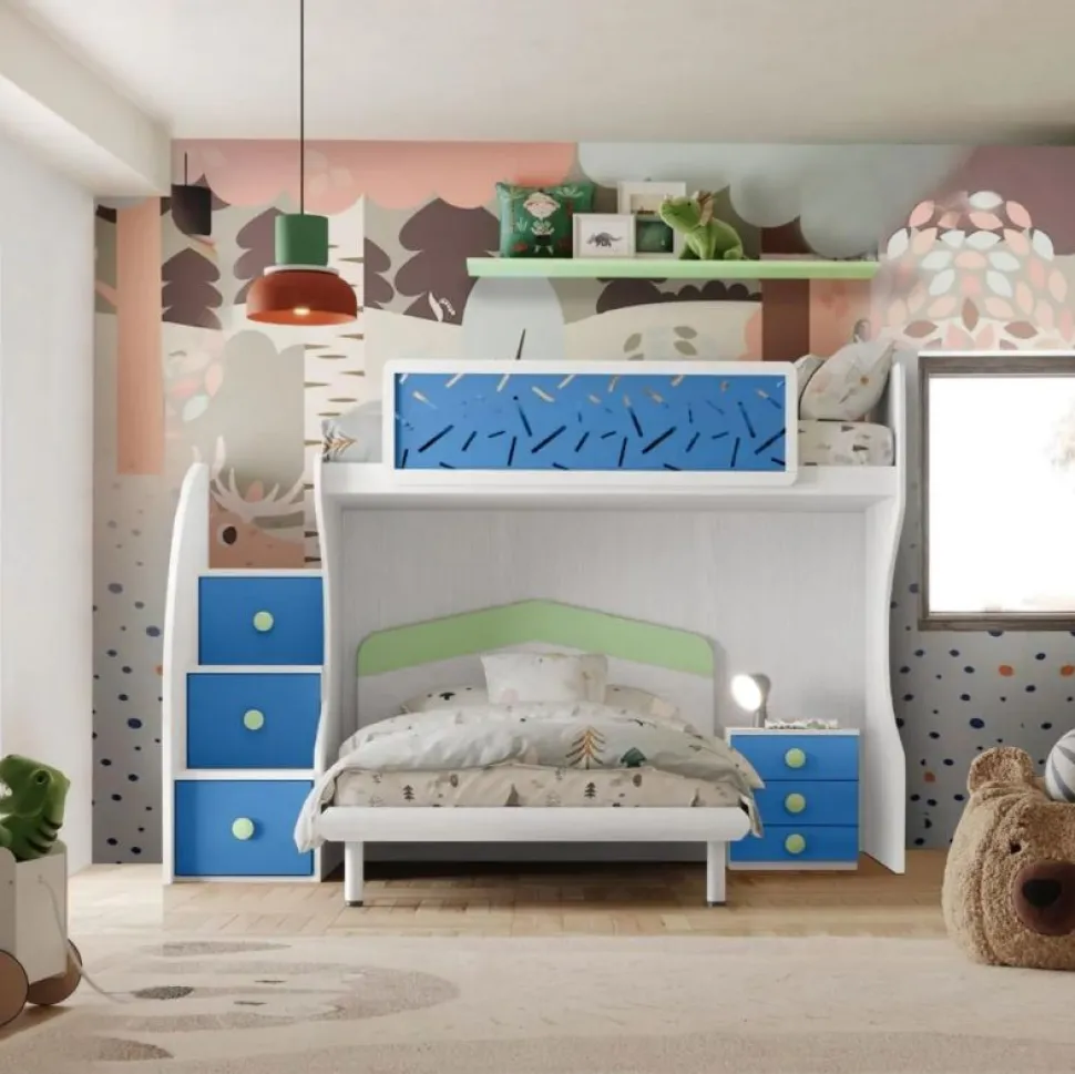 Letto a castello Pablo linea Fly finitura Cenere Wood e Cielo disponibile in Vari COLORI