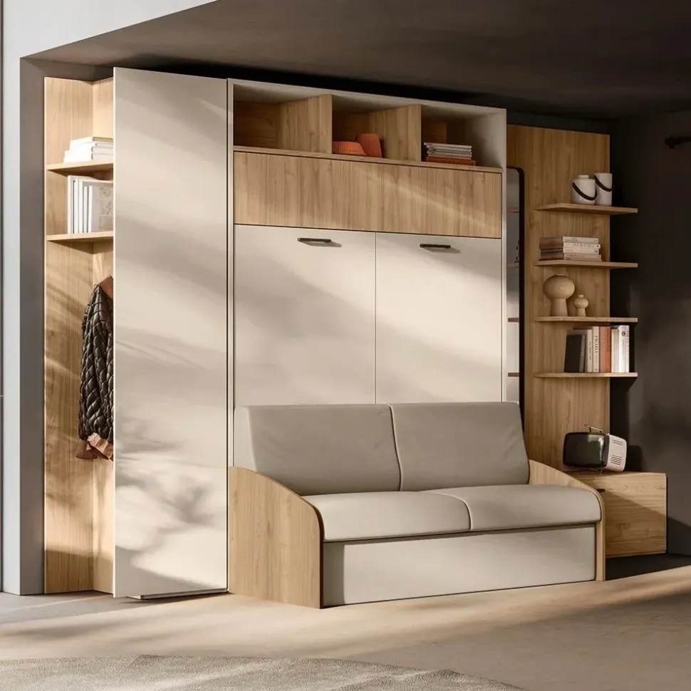 Letto a scomparsa con divano integrato in Noce biondo e Orzo disponibile in vari colori