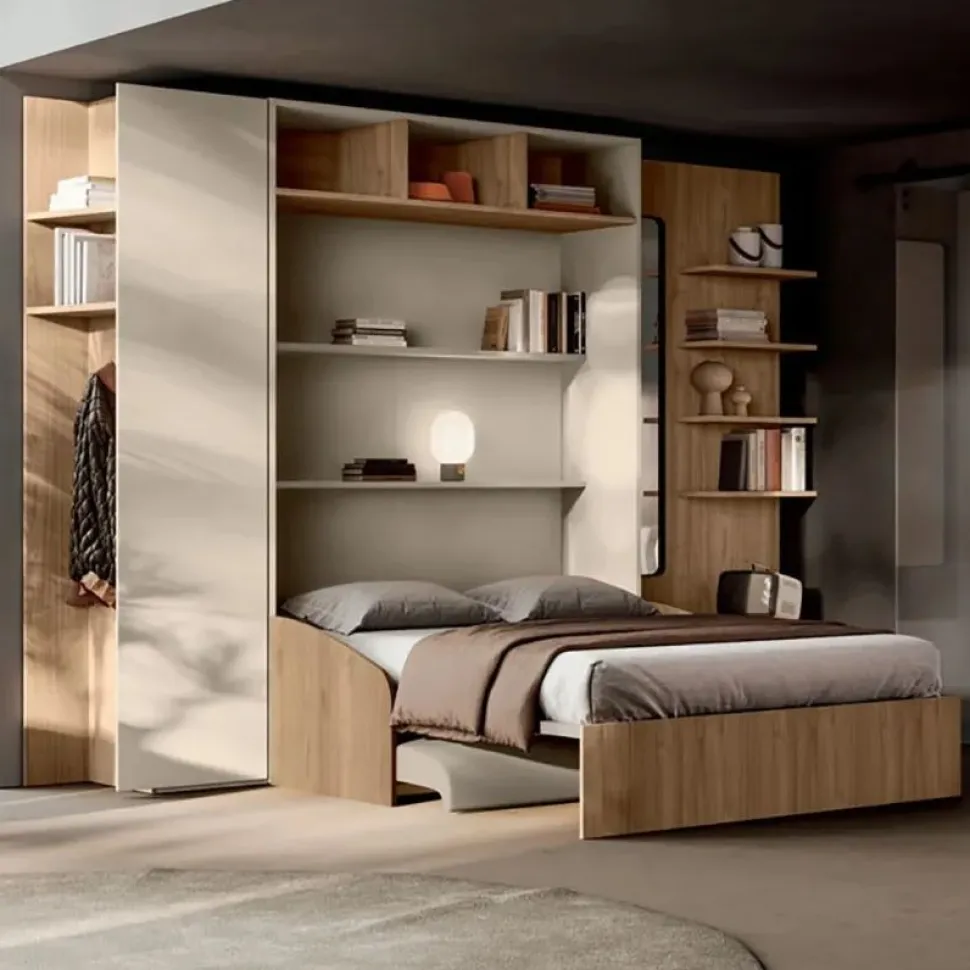 Letto a scomparsa con divano integrato in Noce biondo e Orzo disponibile in vari colori