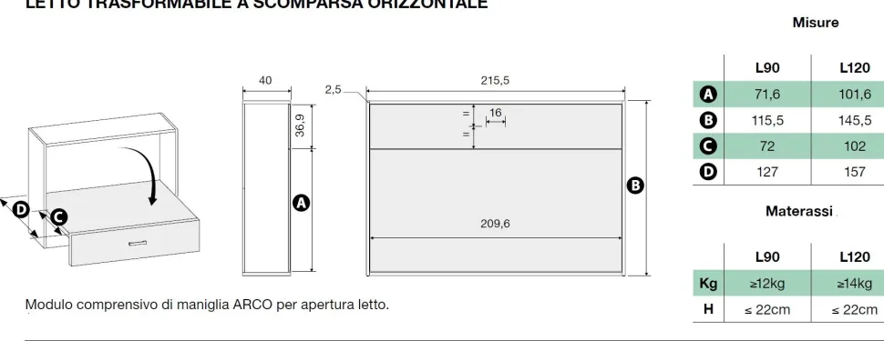 Letto a Scomparsa orizzontale trasformabile in Bianco altea e Rosso Paprika disponibile in 2 misure