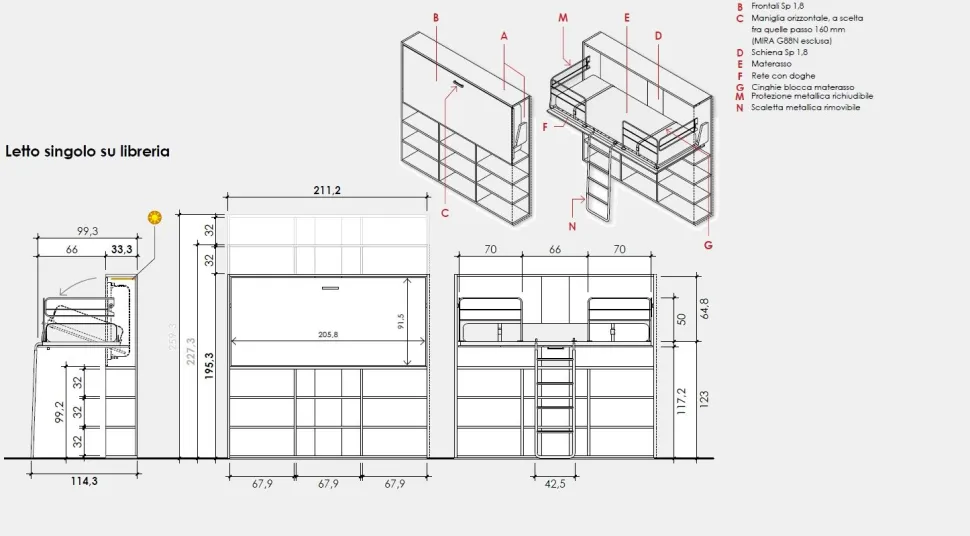 Letto a scomparsa singolo su libreria linea Airone disponibile in 3 misure