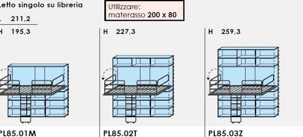 Letto a scomparsa singolo su libreria linea Airone disponibile in 3 misure