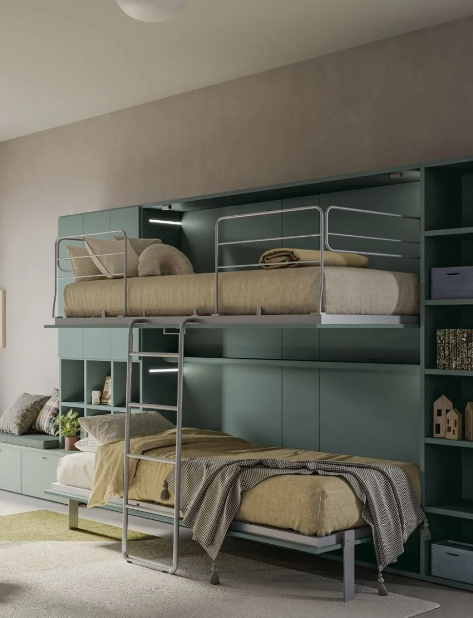 Letto a Scomparsa una piazza e mezza trasformabile con armadi e libreria Bianco altea e Grigio