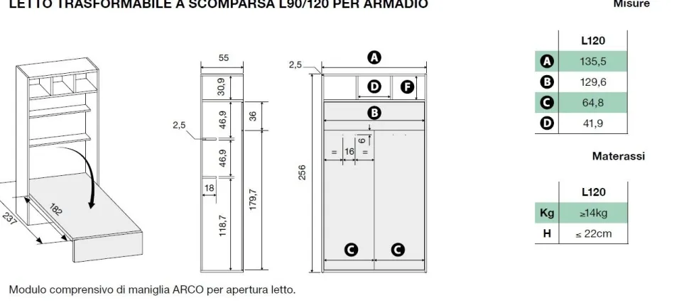 Letto a Scomparsa una piazza e mezza trasformabile con armadi e libreria Bianco altea e Grigio