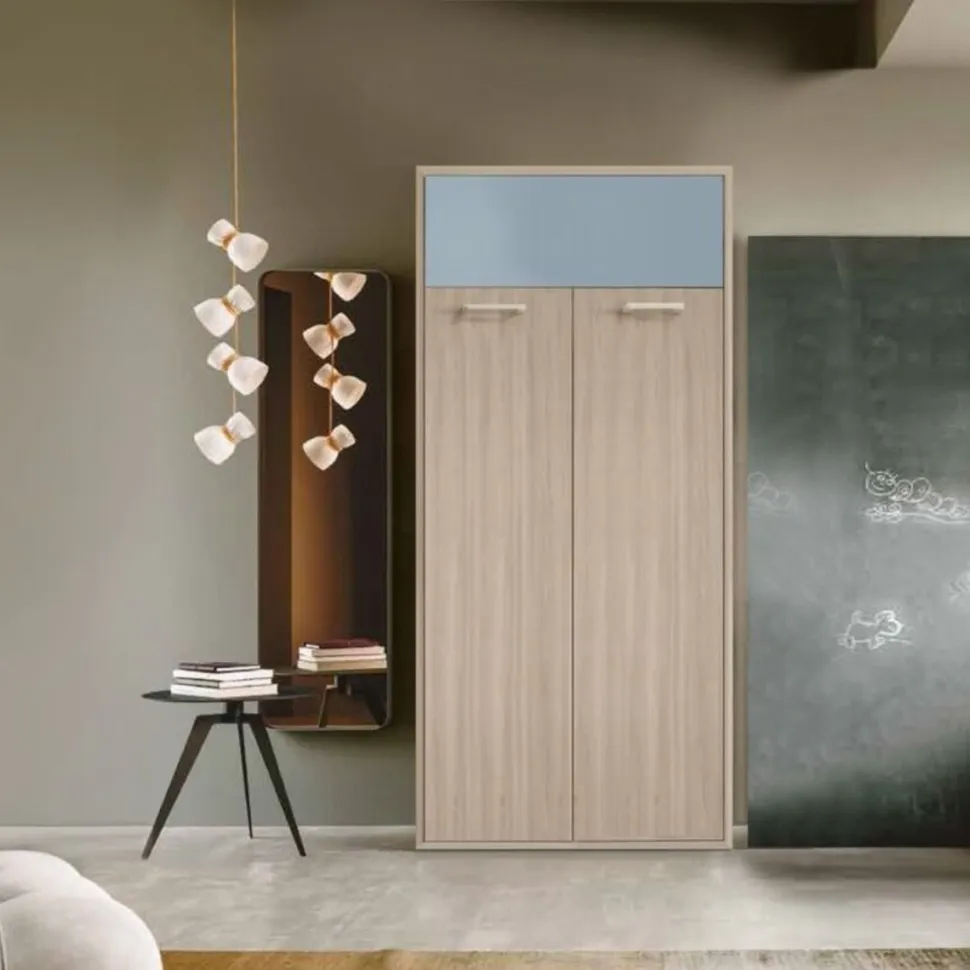 Letto a scomparsa verticale trasformabile in Olmo e Azzurro disponibile in 2 misure