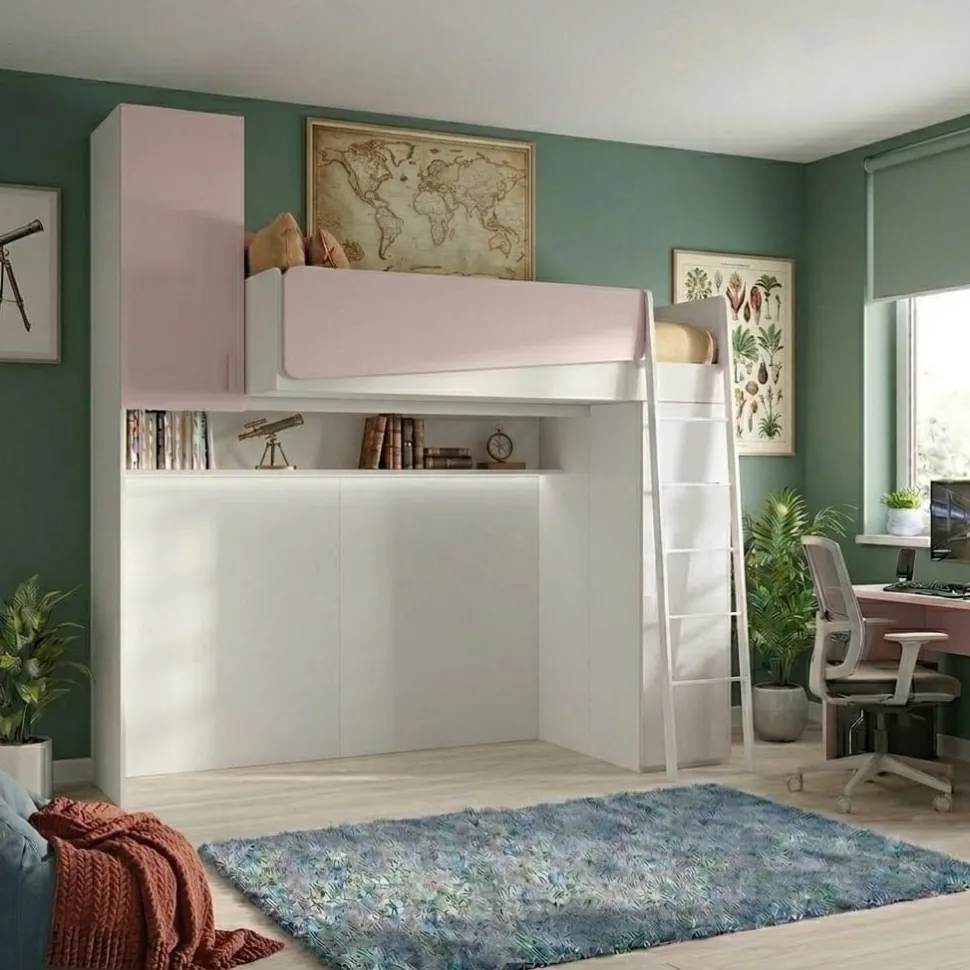 Letto a Soppalco Multifunzionale con Armadio Bianco e Rosa Cipria